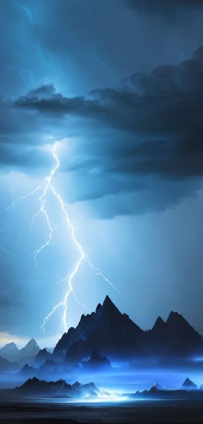 Dramatic lightning storm over dark mountains with electric blue highlights.