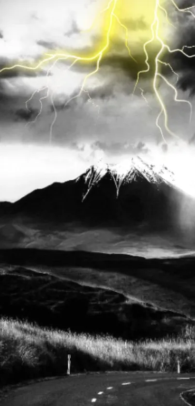 Dynamic wallpaper with lightning striking over a dark mountainous backdrop.