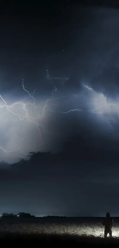 Three silhouettes against a lightning-filled night sky.