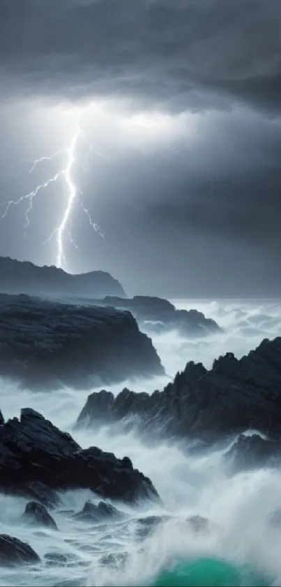 Dramatic ocean scene with lightning striking over waves.