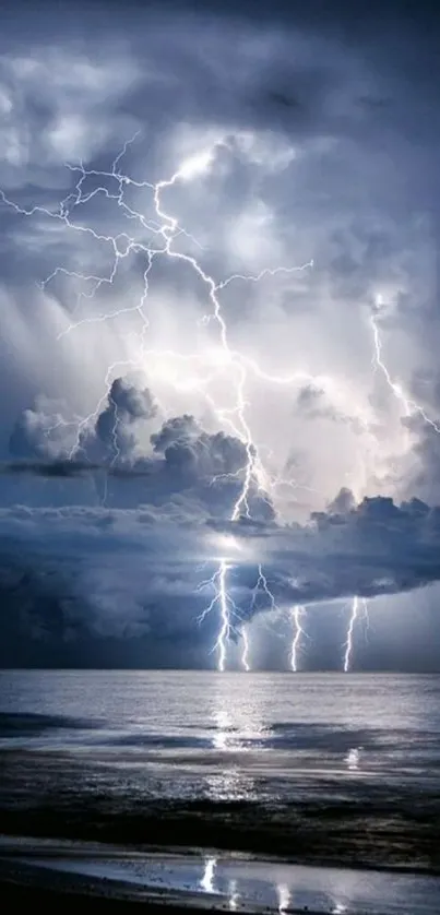 Vivid lightning storm over the ocean at night, creating a dramatic and scenic view.