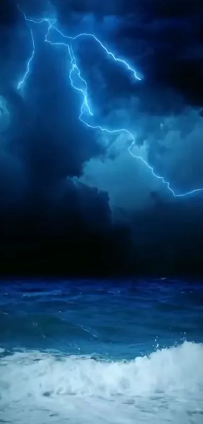 Dramatic lightning over ocean waves at night.