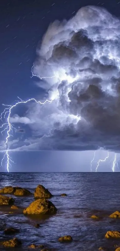 Lightning storm over ocean with rocks and dark clouds.