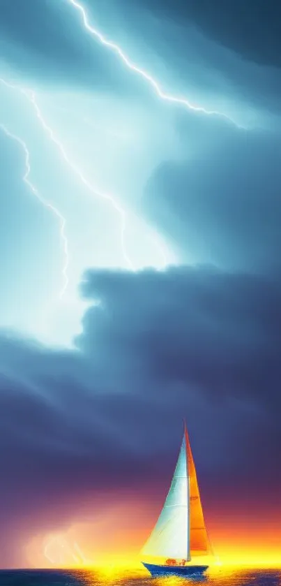 Sailboat navigating stormy sea under vivid lightning and dark clouds.