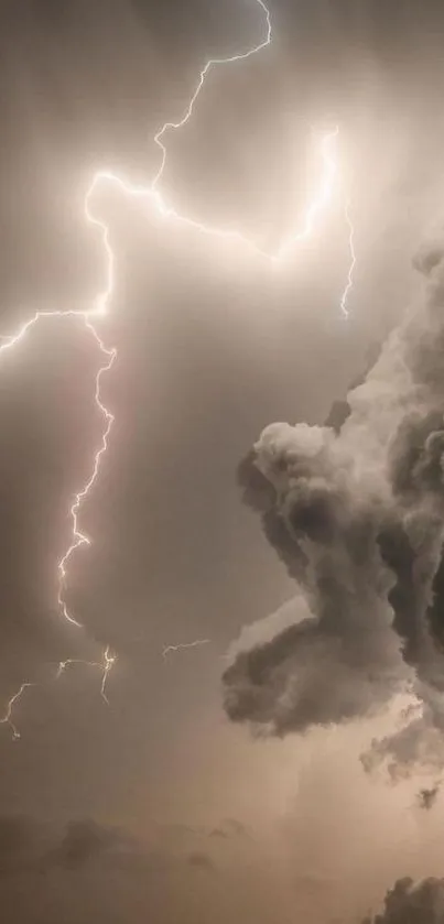 Lightning bolt piercing storm clouds in dramatic sky.