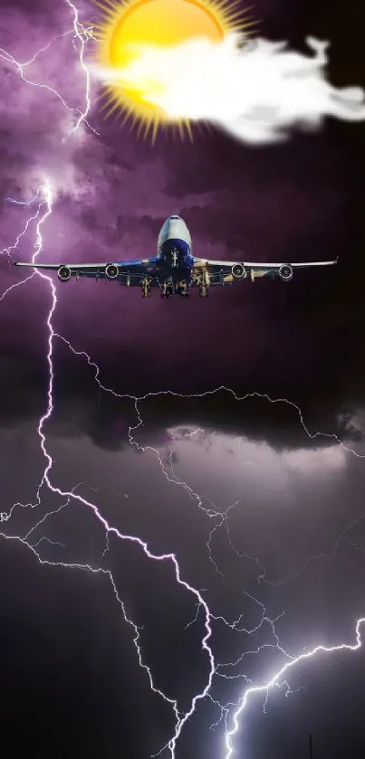 Airplane flying through purple lightning-laden sky with sun and clouds.