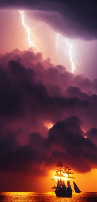 Ship against stormy sky with lightning and orange sunset.