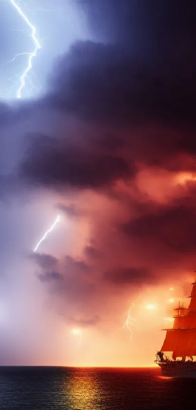 Ship under lightning in dramatic sky mobile wallpaper.