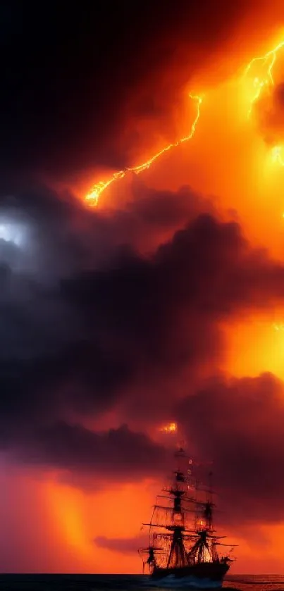 Ship under dramatic orange lightning-filled sky at sea.