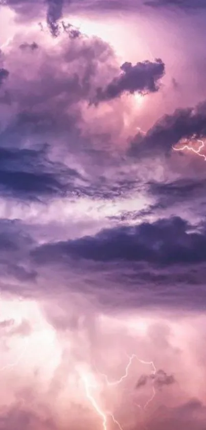 Vibrant purple sky with lightning during a dramatic storm over clouds.