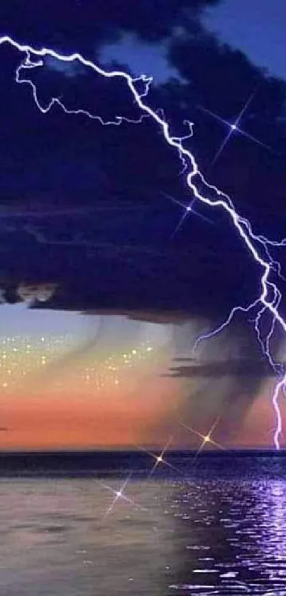 Lightning bolt over dark ocean with stormy sky.