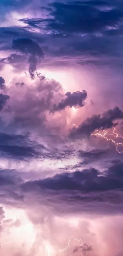 Purple stormy sky with dramatic lightning and clouds, ideal for mobile wallpaper.