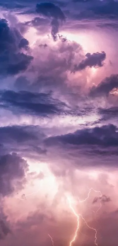 Dramatic purple clouds with lightning in a stormy sky.