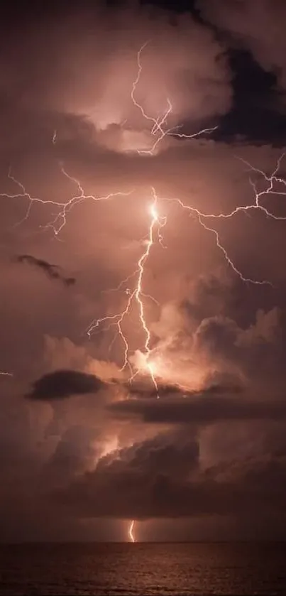 Dramatic lightning storm over ocean at night.