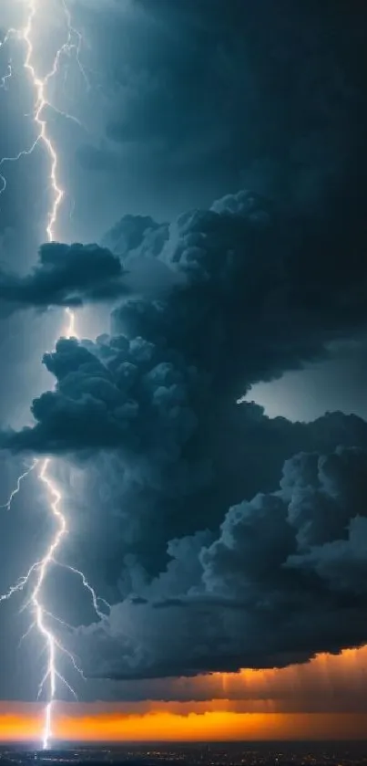 Dramatic lightning storm over dark clouds and a vivid horizon.