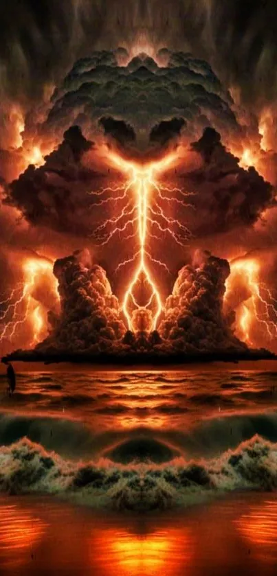 Dramatic lightning storm over ocean with reflections in vivid orange tones.