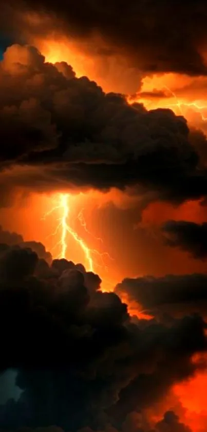 Dramatic lightning storm with orange clouds for mobile wallpaper.