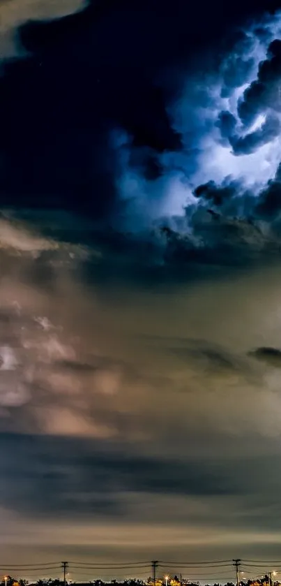 Dramatic stormy sky with vibrant lightning over a dark cityscape.