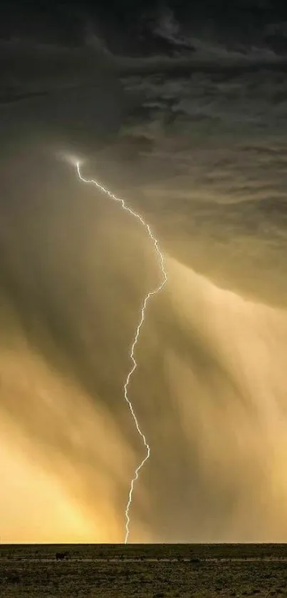 Dramatic lightning storm over golden landscape with dark clouds.