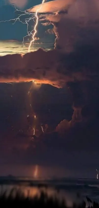 Lightning storm over ocean with dark clouds.