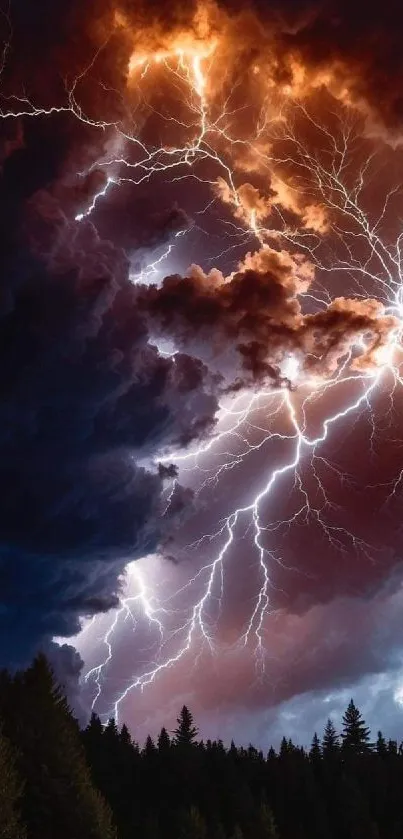 Vibrant lightning storm over dark forest landscape with dramatic clouds.