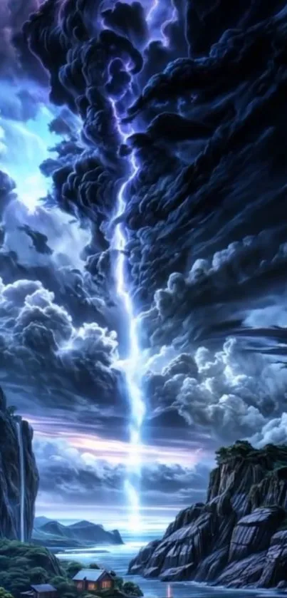 Dramatic cloudy sky with lightning striking landscape.