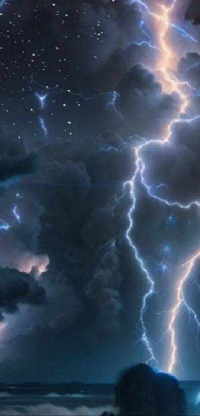 Dramatic night lightning storm with bright bolts.