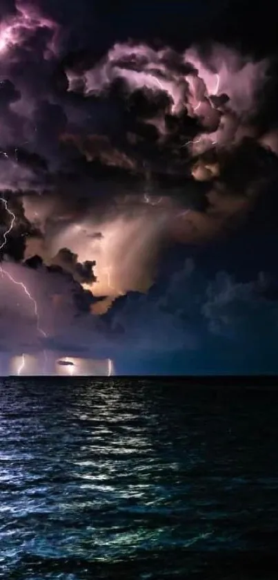 Dramatic lightning storm over a dark ocean with striking cloud formations.