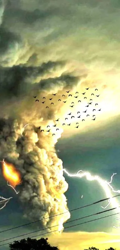 Dramatic lightning storm with dark clouds and birds in the sky.