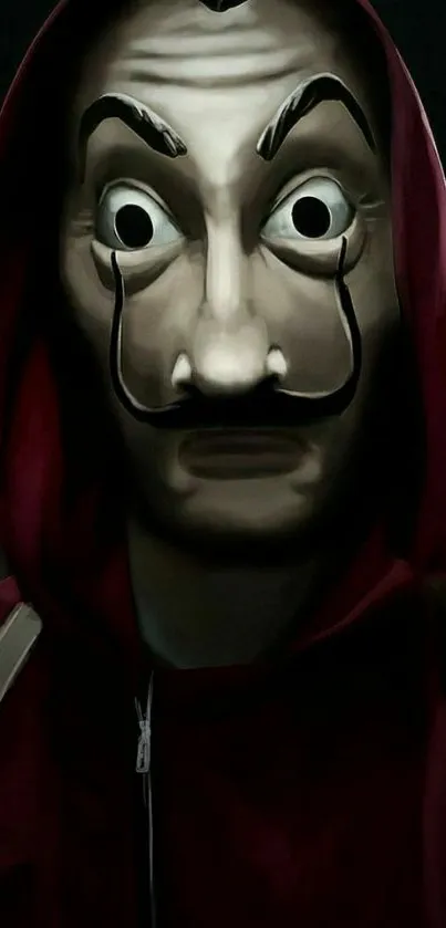 Mobile wallpaper of a dramatic masked face with red hoodie.