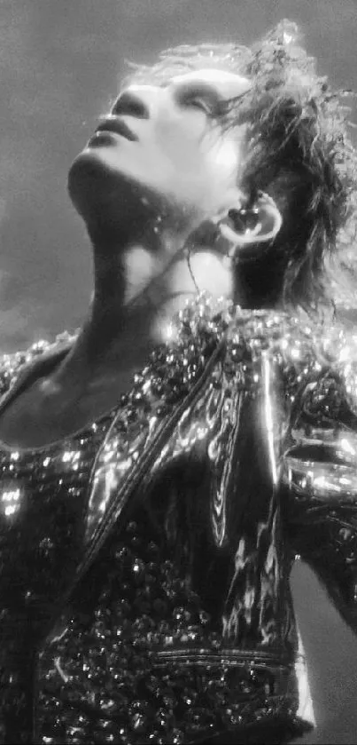 Monochrome image of a dramatic performer in a shimmering outfit looking upwards.