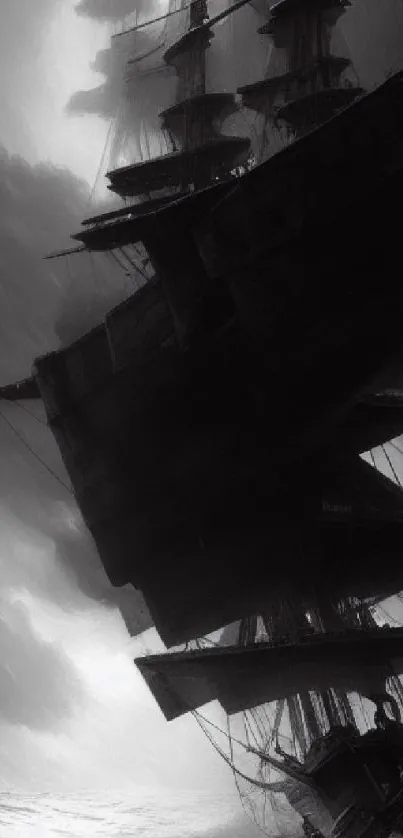 Monochrome wallpaper of a ship in a stormy sea with dramatic clouds.