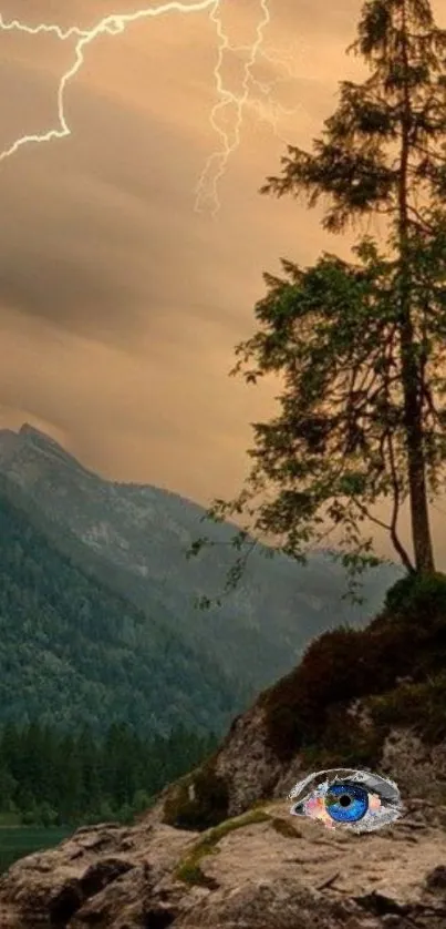 Surreal mountain landscape with eye and lightning.