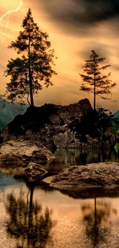 Dramatic mountain lake with lightning and tree reflection.