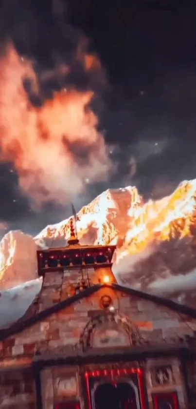 Dramatic mountain view with temple and glowing skies.