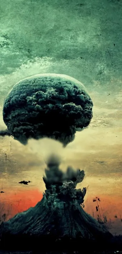 Dramatic green-tinted mushroom cloud in a striking art wallpaper.