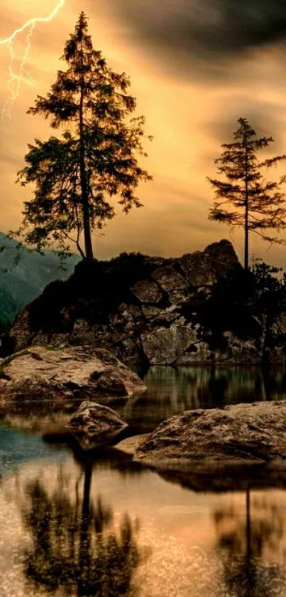 Dramatic landscape with lightning and trees reflected on a calm lake.