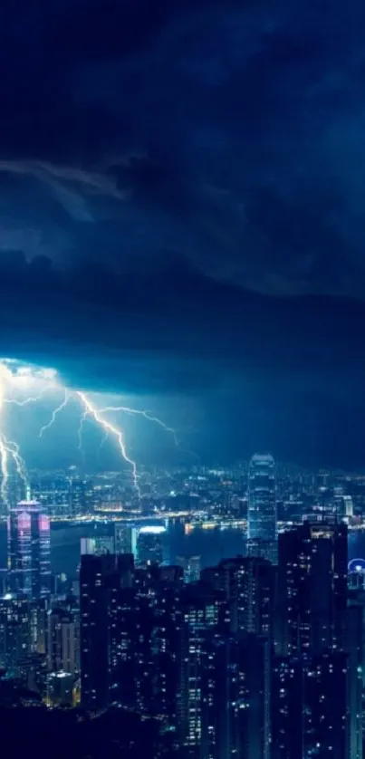 City skyline with lightning at night under dark clouds.