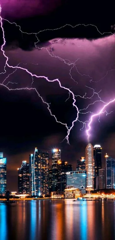 City skyline with lightning at night.