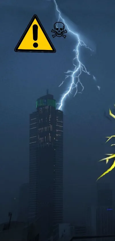 Dramatic city skyline with lightning at night.