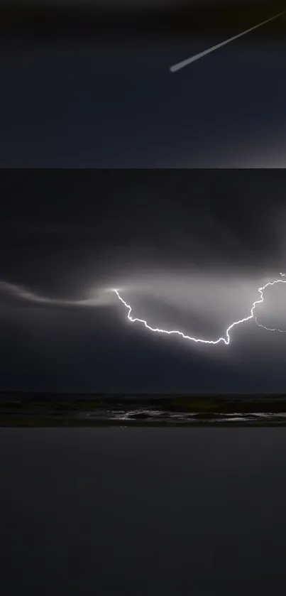 Dramatic lightning flashing in dark night sky.