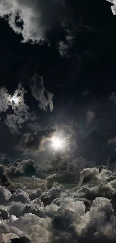 Dramatic night sky with illuminated clouds.