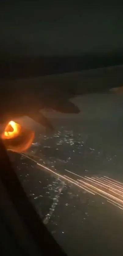 Airplane with fiery sparks at night over city lights.