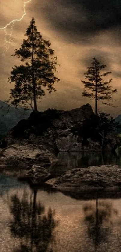 Nighttime landscape with lightning and tree reflections on calm water.