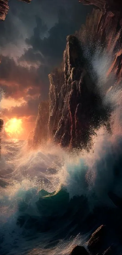 Dramatic ocean scene with cliffs and sunset.