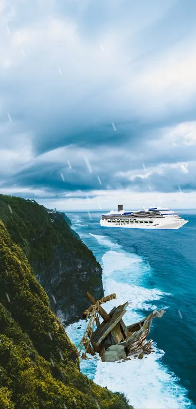 Cruise ship on ocean with cliff and cloudy sky wallpaper.