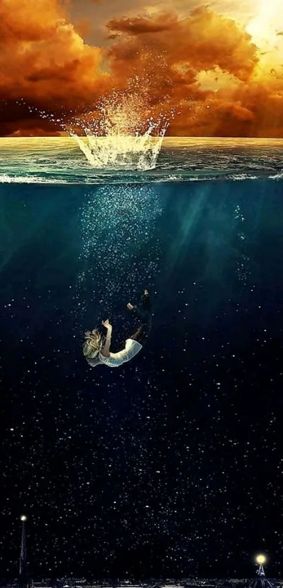 Dramatic wallpaper of a woman floating underwater with a contrasting sky above.