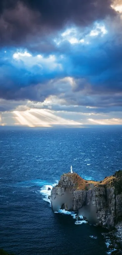 Lighthouse on cliffs with dramatic ocean under a stormy sky.