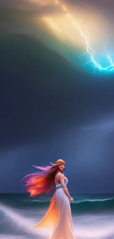 Woman in flowing dress amid ocean waves and striking lightning.