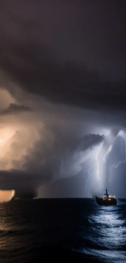 Ship in a lightning storm over the ocean at night.